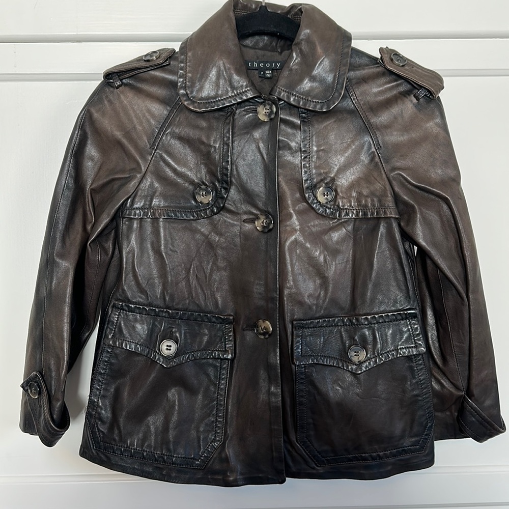 Theory Oberon Leather A-Line Jacket. Size P/XS. Brown.